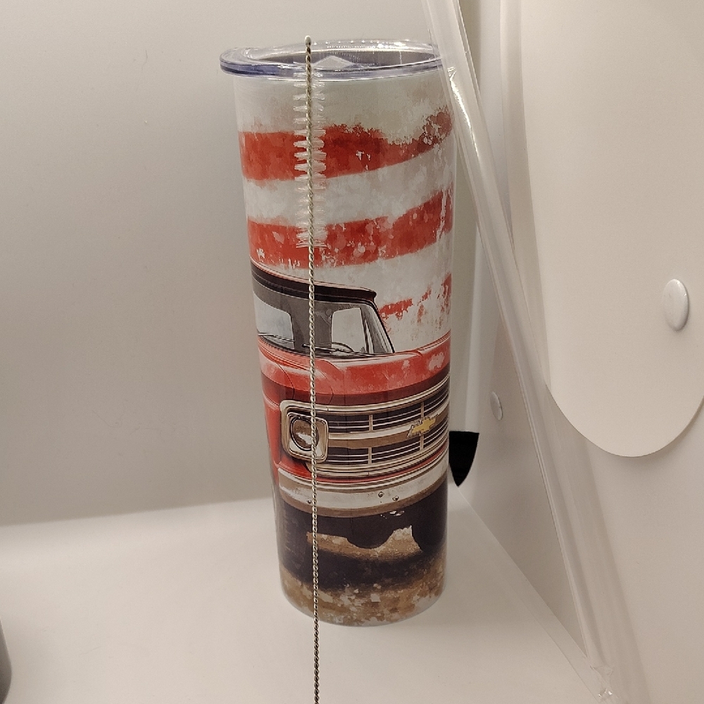Red and White Striped 20oz Tumbler with Vintage Truck Design